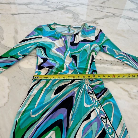 EMILIO PUCCI BLUE MULTI SILK FAUX WRAP ENAMEL BUCKLE DRESS MODEL 72RH25 SIZE IT - Picture 6 of 17